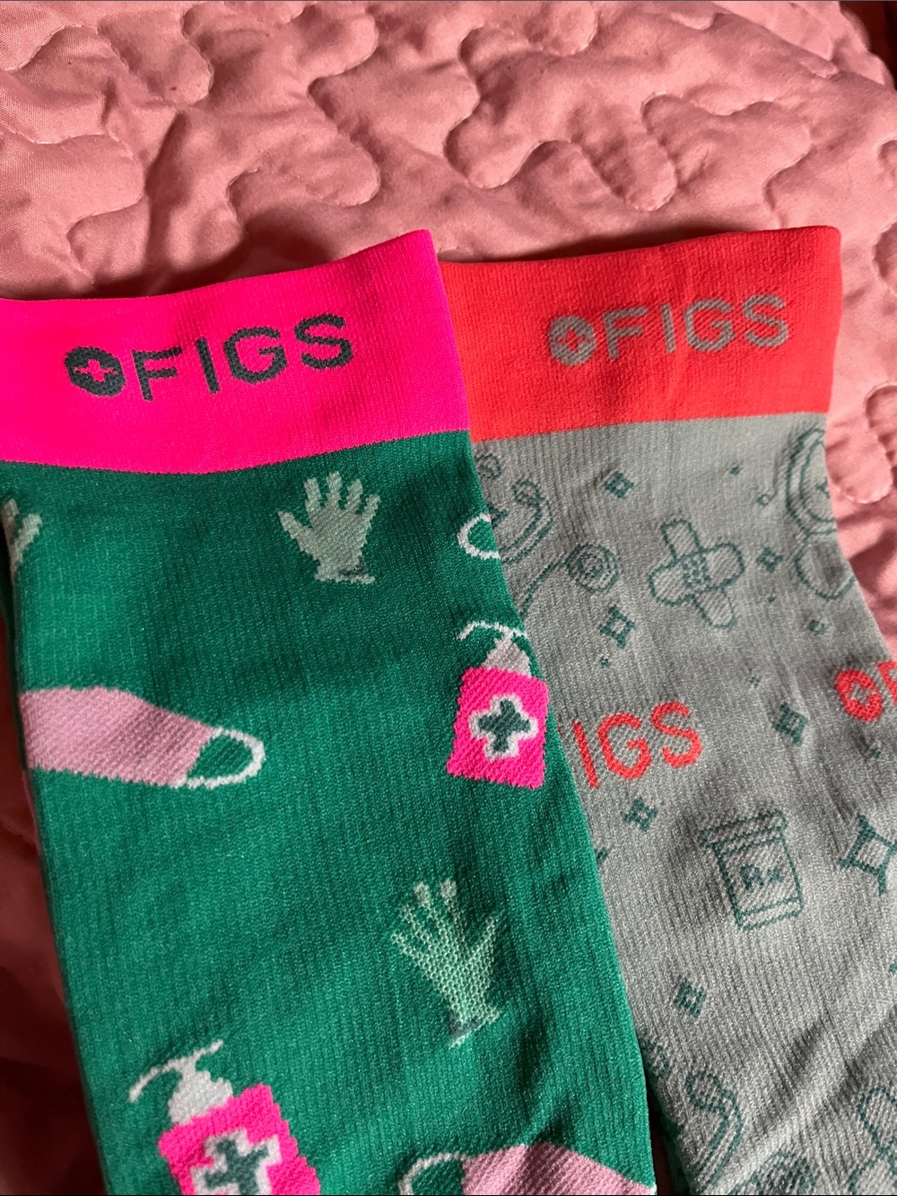 Figs women’s Crew Socks - Green, Gray & Pink Accents